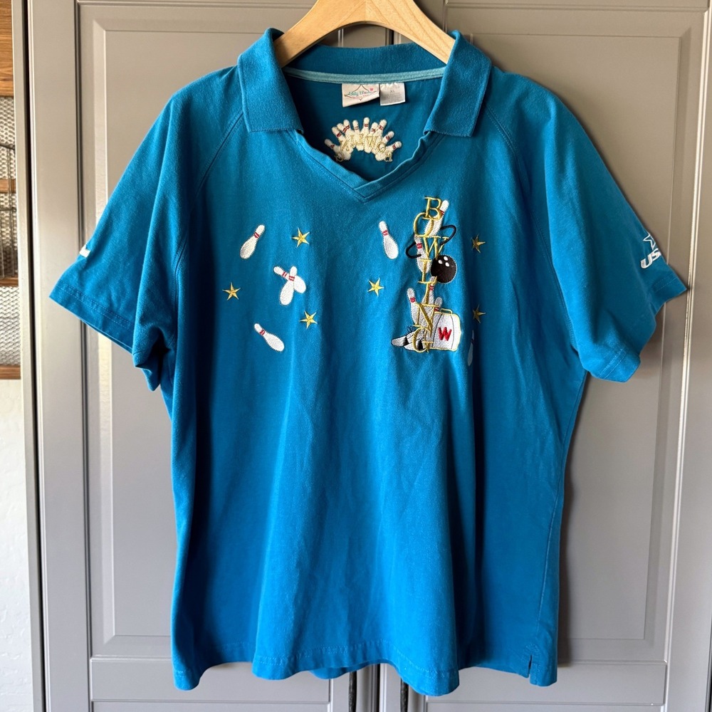 Billy Bowler Retro Womens Embroidered‎ Bowling Short Sleeve Polo Shirt, Blue, XL